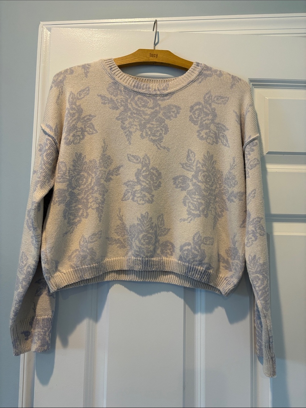 Jessica Simpson Cream Crewneck Sweater with Light Purple Floral Jacquard